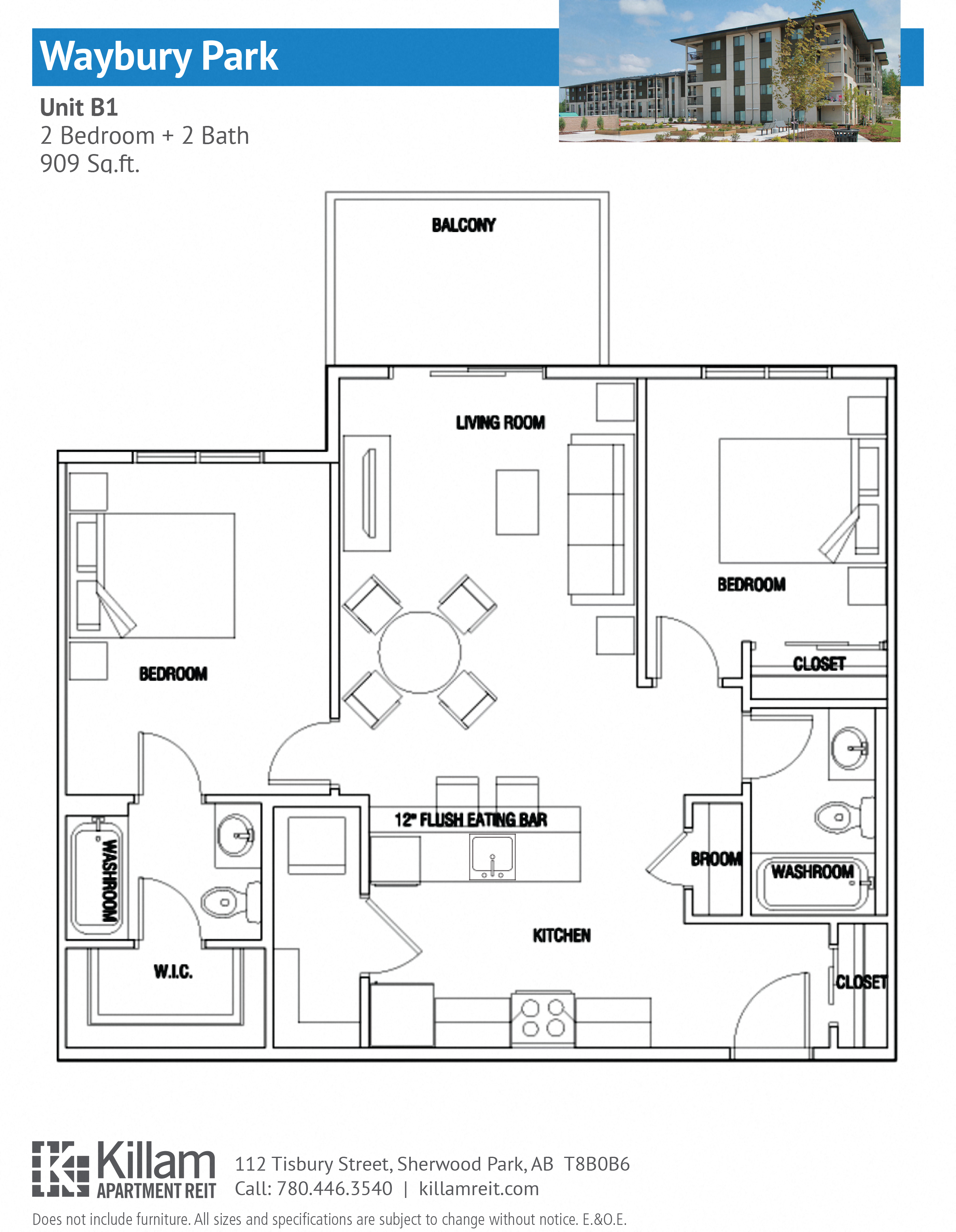 Floor plan for 2 beds, 2 baths, 909 sqft
